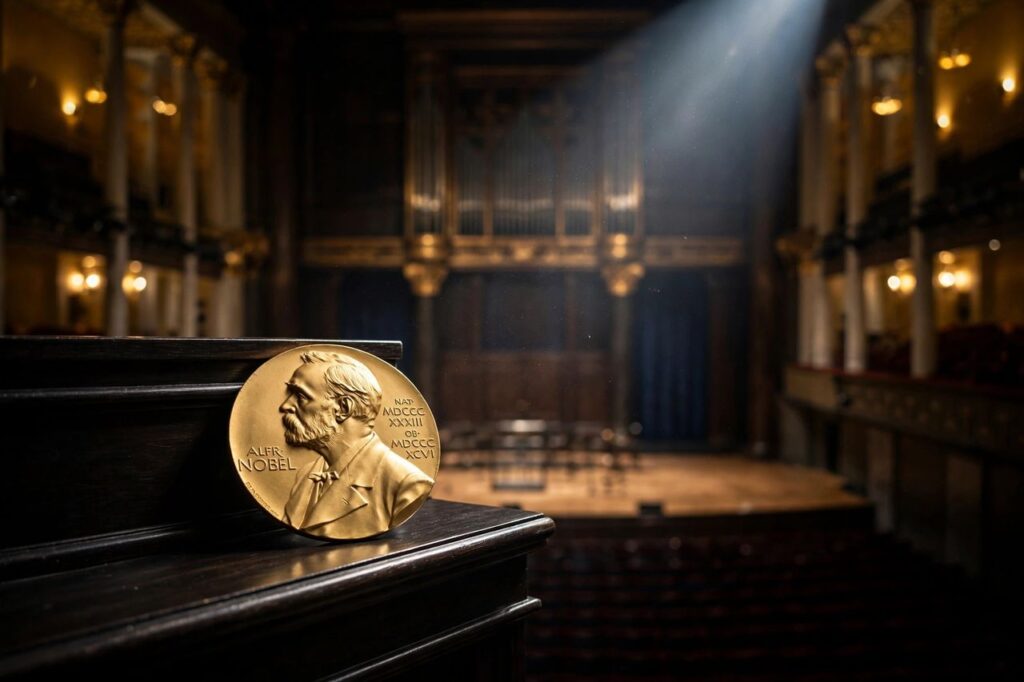 Nobel Prize medal and ceremony stage in Stockholm