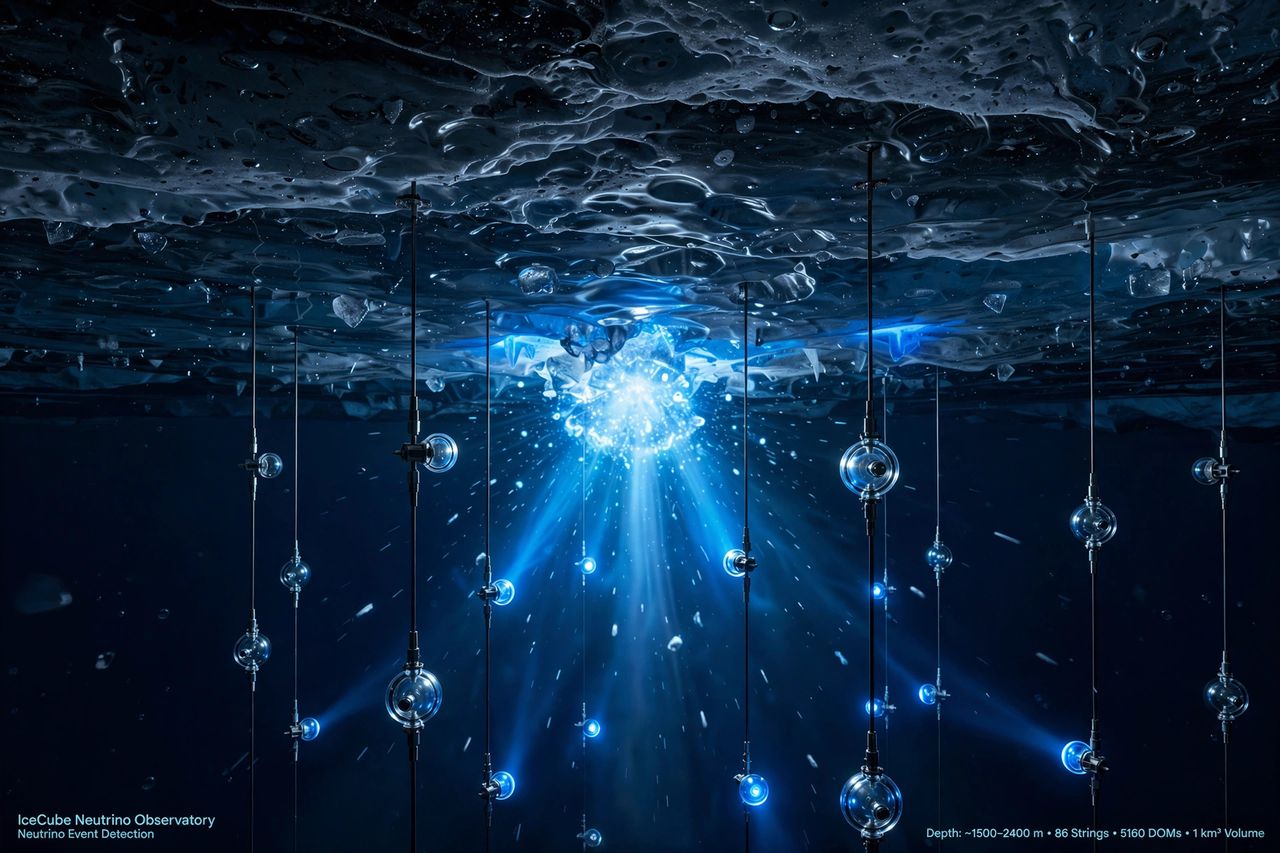 IceCube Neutrino Observatory detectors deep in Antarctic ice illustration
