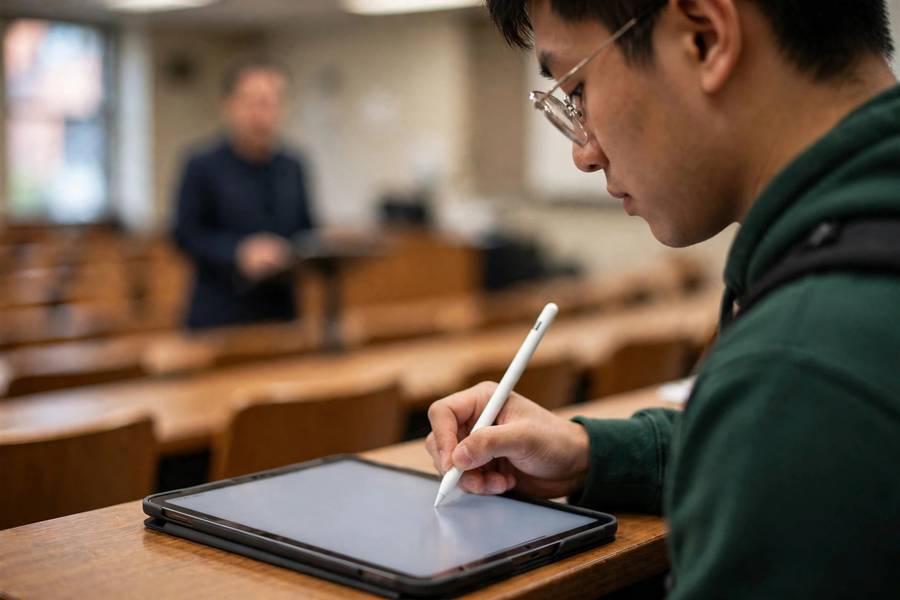 Student writing with stylus on iPad during lecture
