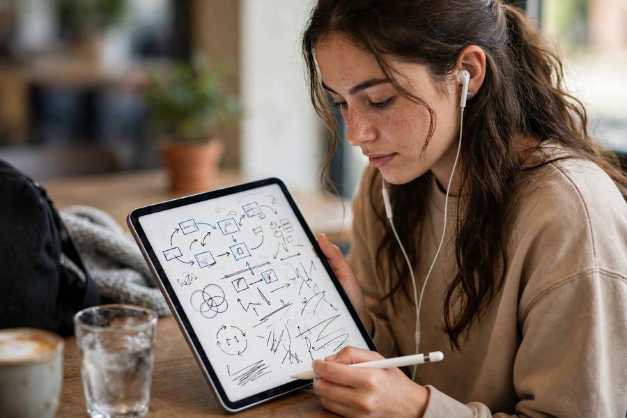Student reviewing iPad notes with synced lecture audio