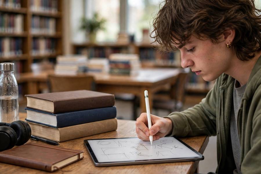 Student handwriting notes on iPad at library