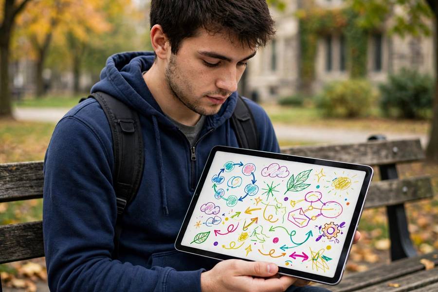 Reviewing handwritten iPad notes outdoors on campus