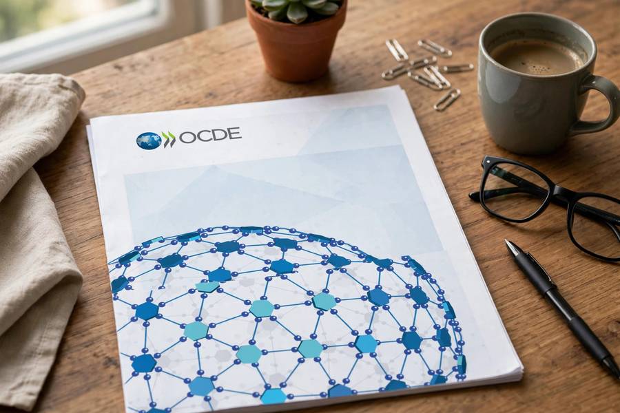 Official policy document outlining OECD AI principles on a desk