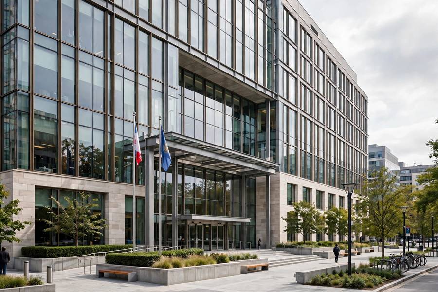 Modern government building representing international AI policy cooperation