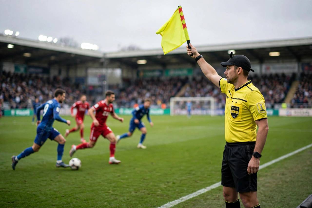Assistant referee on the sideline raising the flag for an offside call as play continues