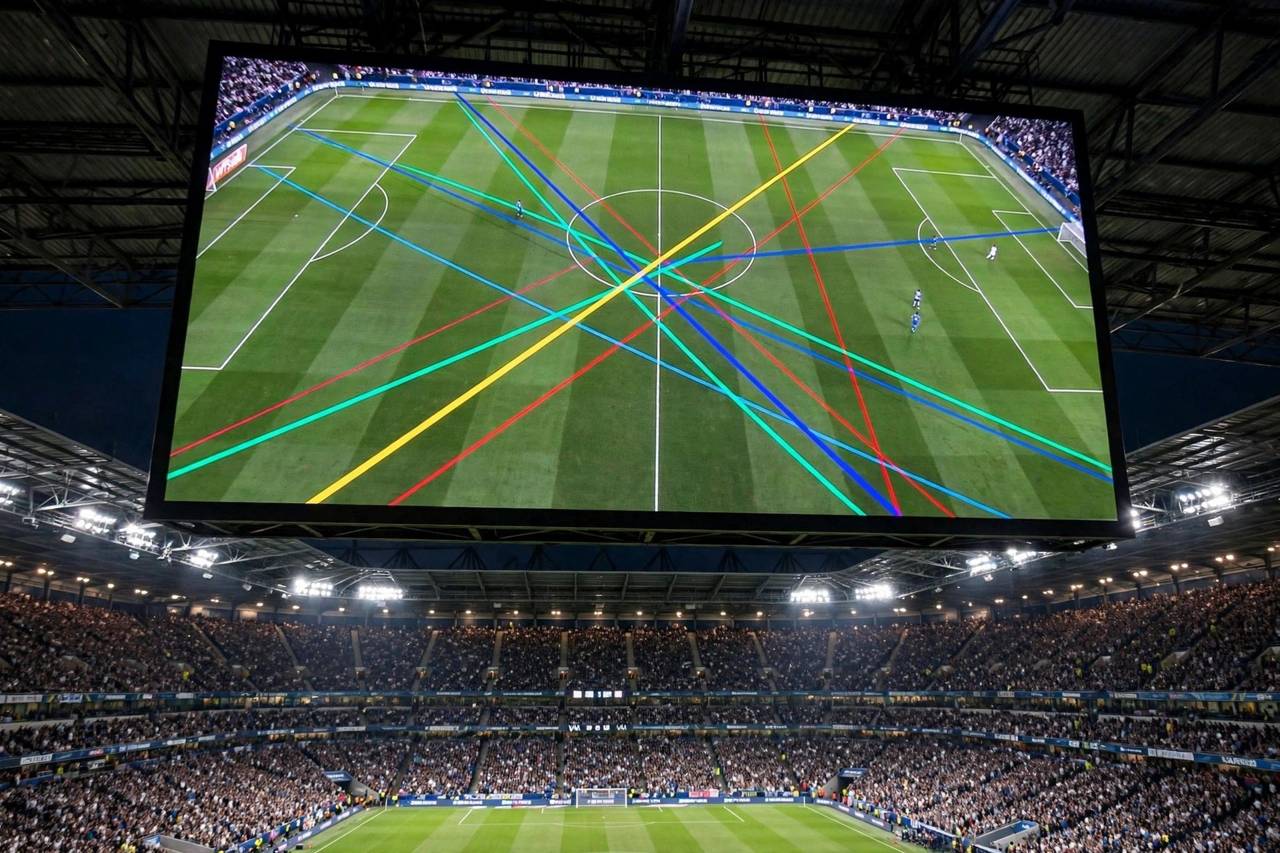 Stadium big screen displaying a VAR offside review with calibration lines during a night match