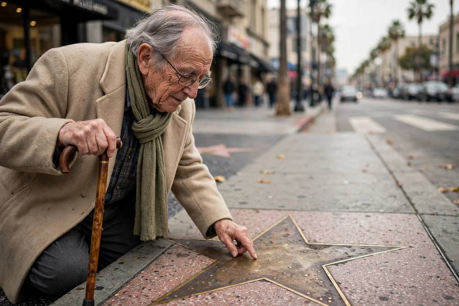 Elderly fan visiting a historic star on Hollywood Boulevard