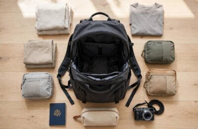 Flat lay of a complete one bag travel packing list around an open backpack