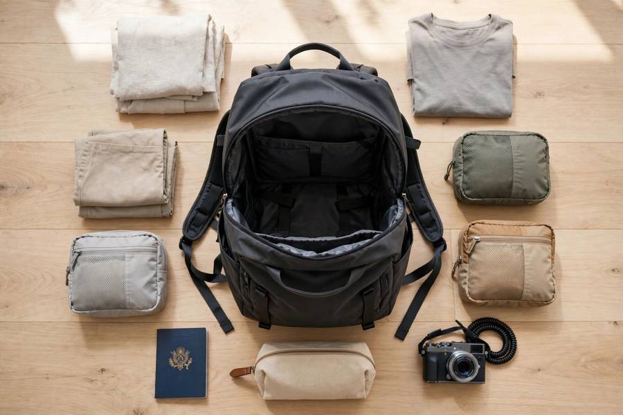 Flat lay of a complete one bag travel packing list around an open backpack