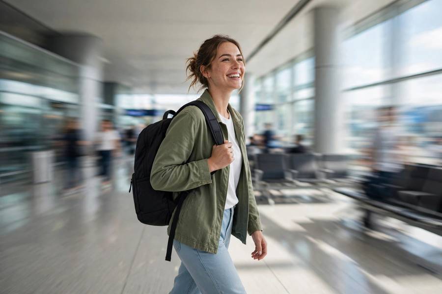Traveler walking through an airport with a single backpack for one bag travel