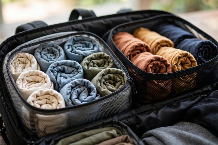 Packing cubes with rolled clothes for a one bag travel packing list