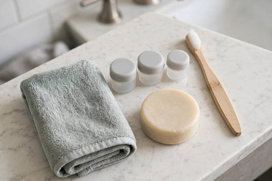 Minimal solid toiletry kit for one bag travel packing