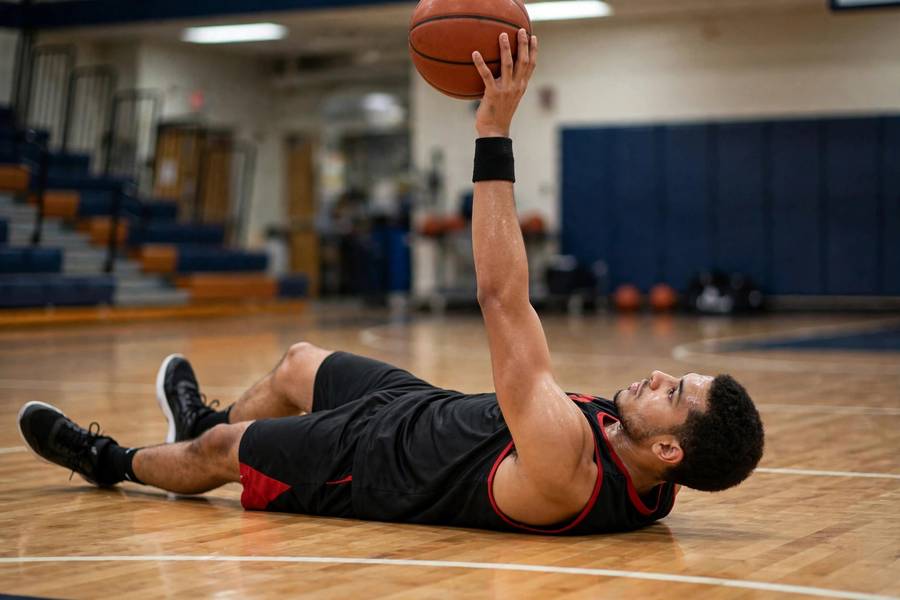 Photorealistic image of a player lying on court doing one-hand shooting drill straight up