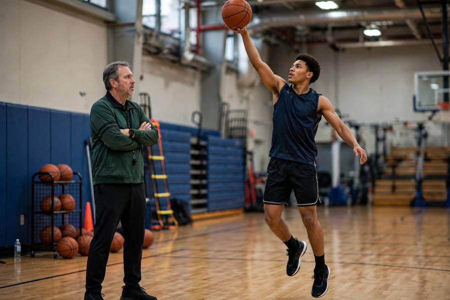 Photorealistic photo of a coach observing a player's one-hand shooting form during practice