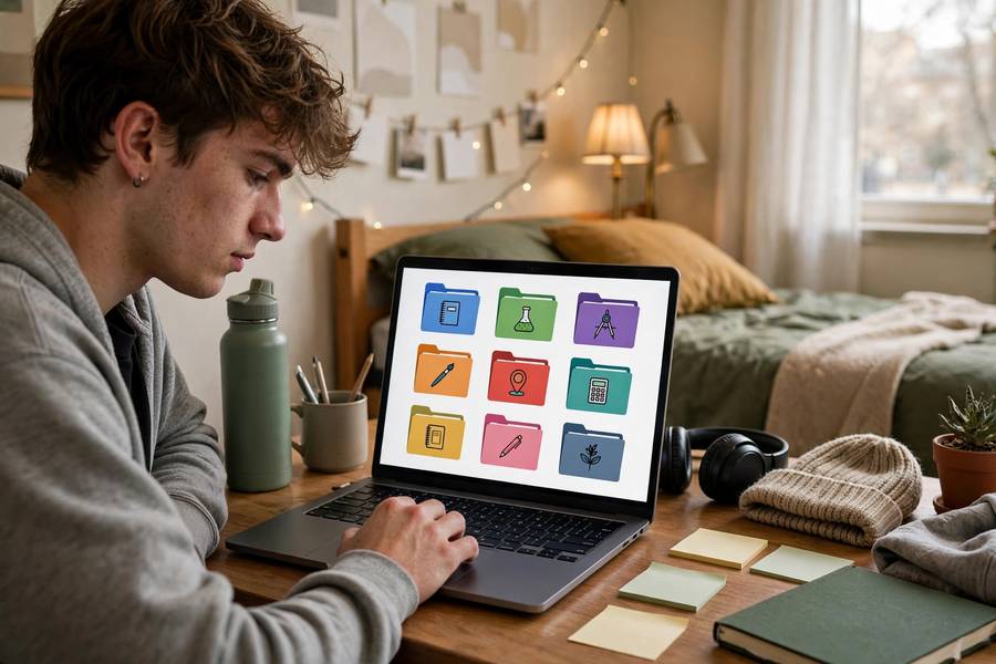 Student organizing digital notebooks by course