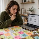 23 Online Business Ideas for Beginners (Low Cost, Realistic) Brainstorming online business ideas with sticky notes at a desk