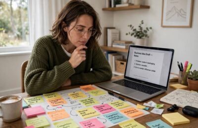 Brainstorming online business ideas with sticky notes at a desk