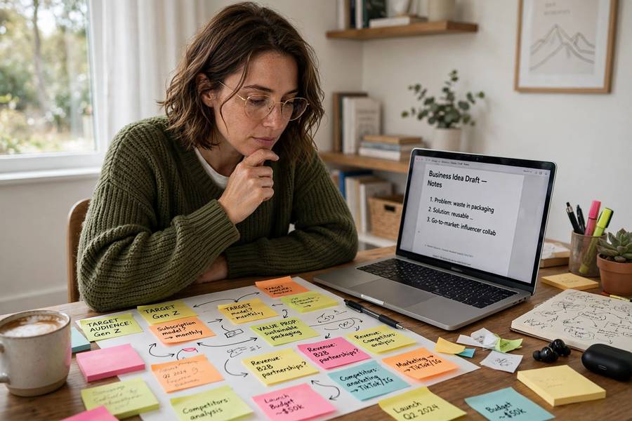 Brainstorming online business ideas with sticky notes at a desk