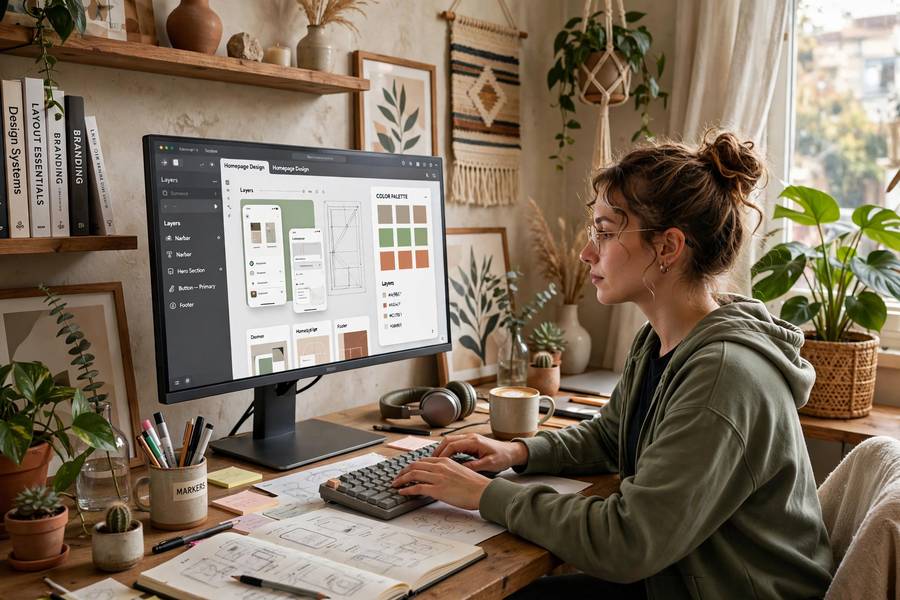 A freelancer working on client design projects at home