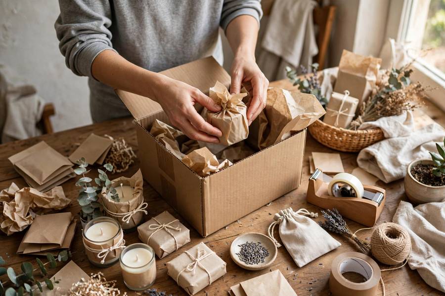 Small business products being packed at home