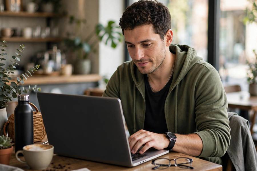 Entrepreneur launching online business from laptop
