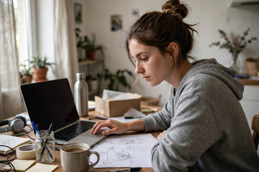 Person working on low-budget startup at home