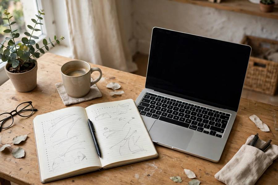 Small home office with laptop and notebook planning