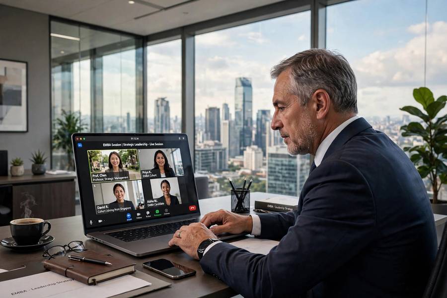 Senior executive joining an online EMBA session from an office