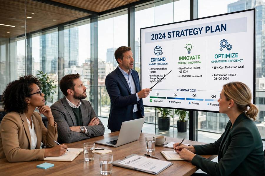 Business leader presenting strategy in a boardroom