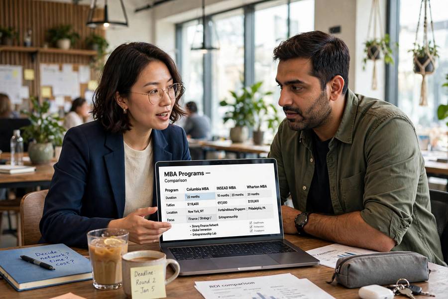 Two professionals comparing MBA program options on a laptop