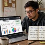 Online MBA Curriculum: What You Actually Learn Online MBA student analyzing financial charts on a laptop
