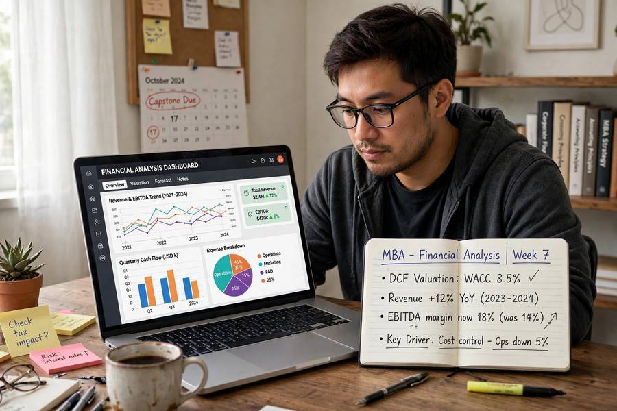 Online MBA student analyzing financial charts on a laptop