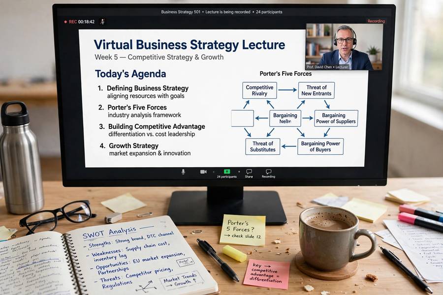 Virtual business strategy lecture in progress on a monitor