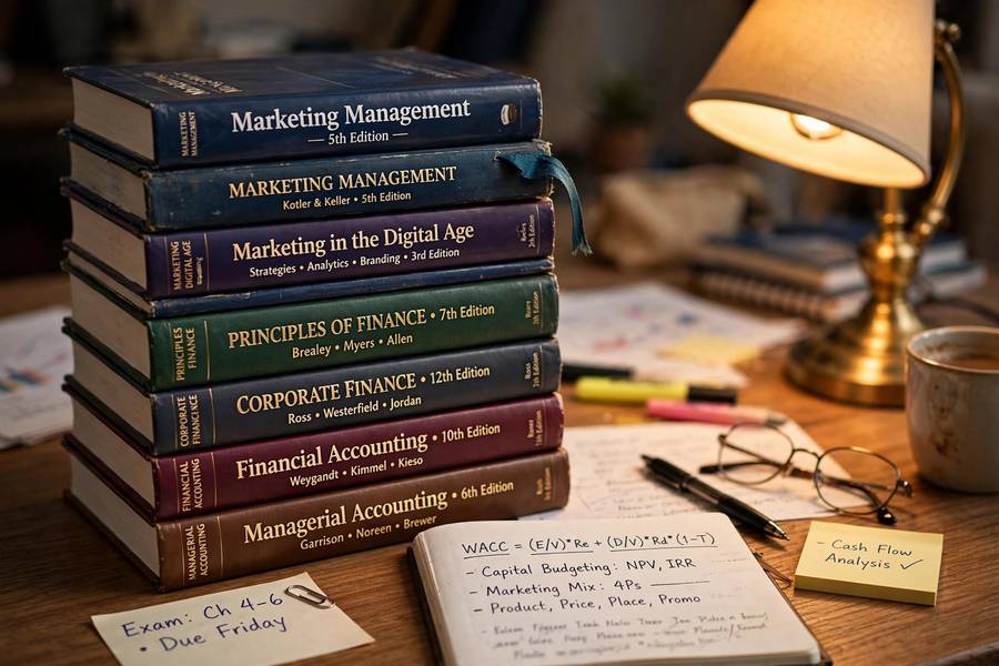 Stack of business textbooks on accounting and finance