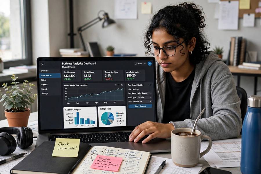Student building a business analytics dashboard on a computer