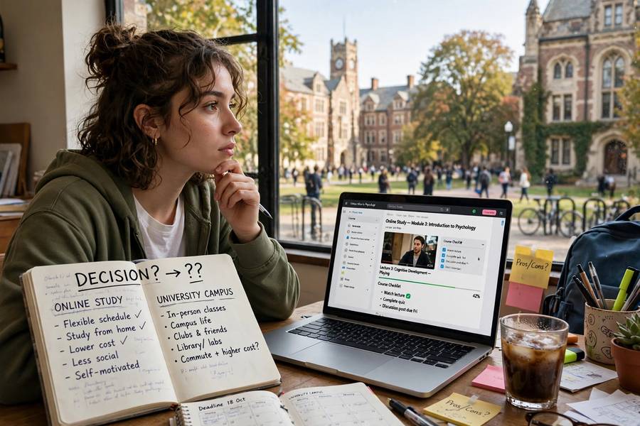 Student choosing between online study and a university campus