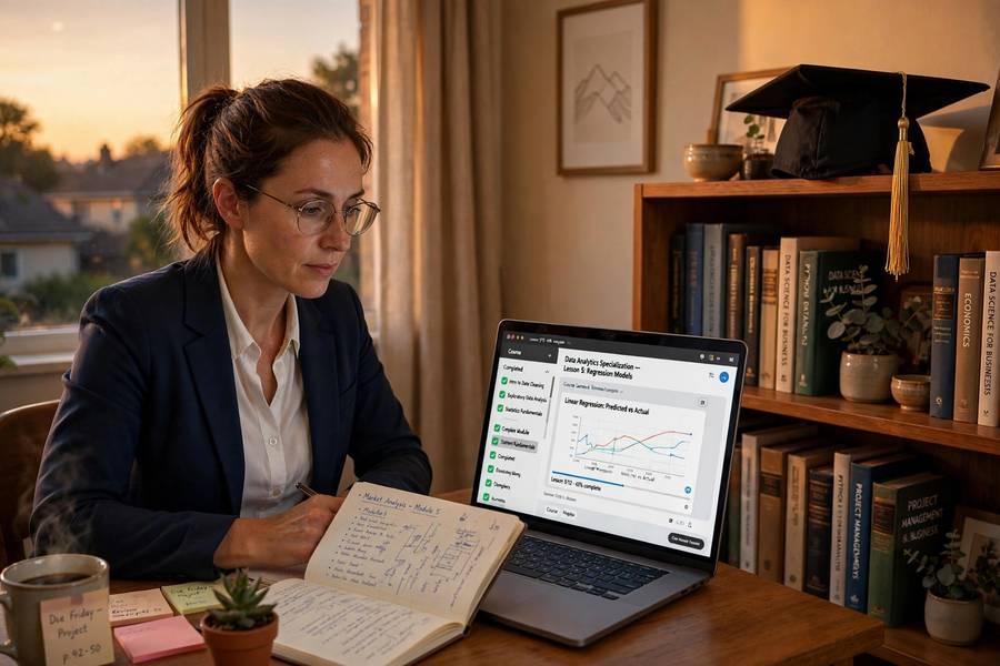 Professional studying online at home with graduation cap nearby