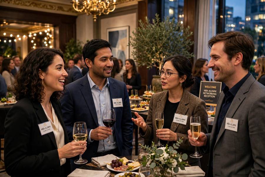 MBA graduates mingling at an alumni networking reception