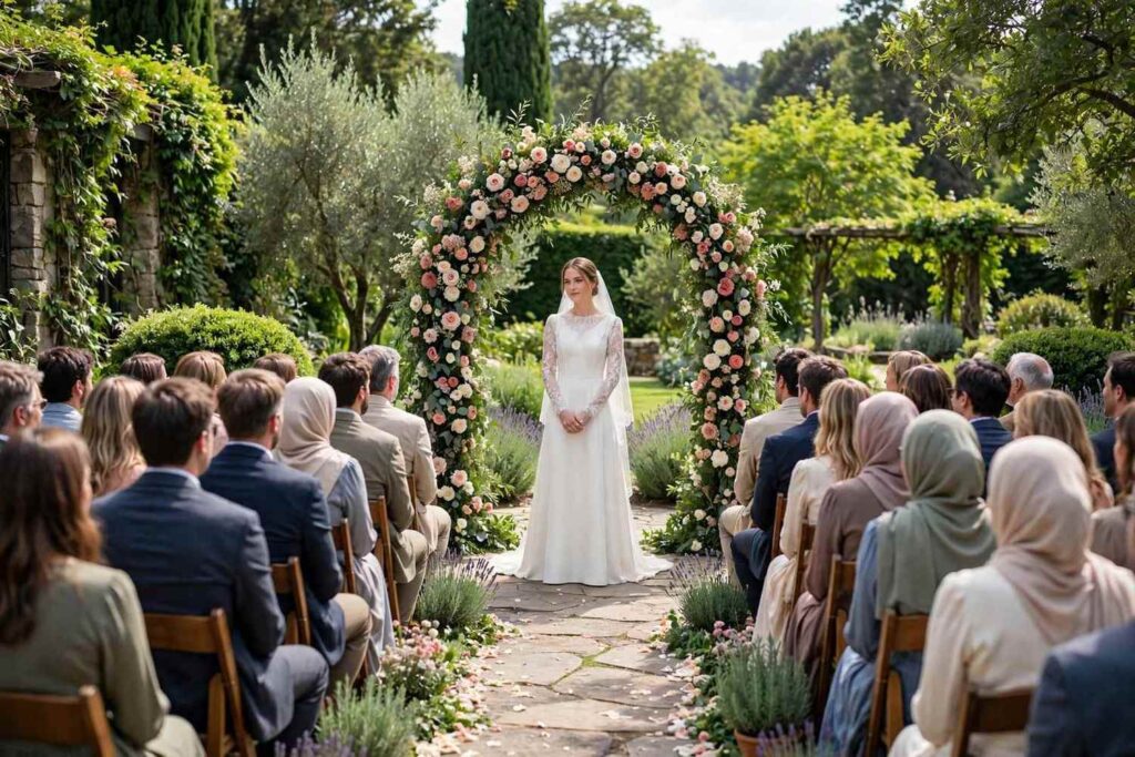 Outdoor wedding ceremony setup in a garden with guests seated