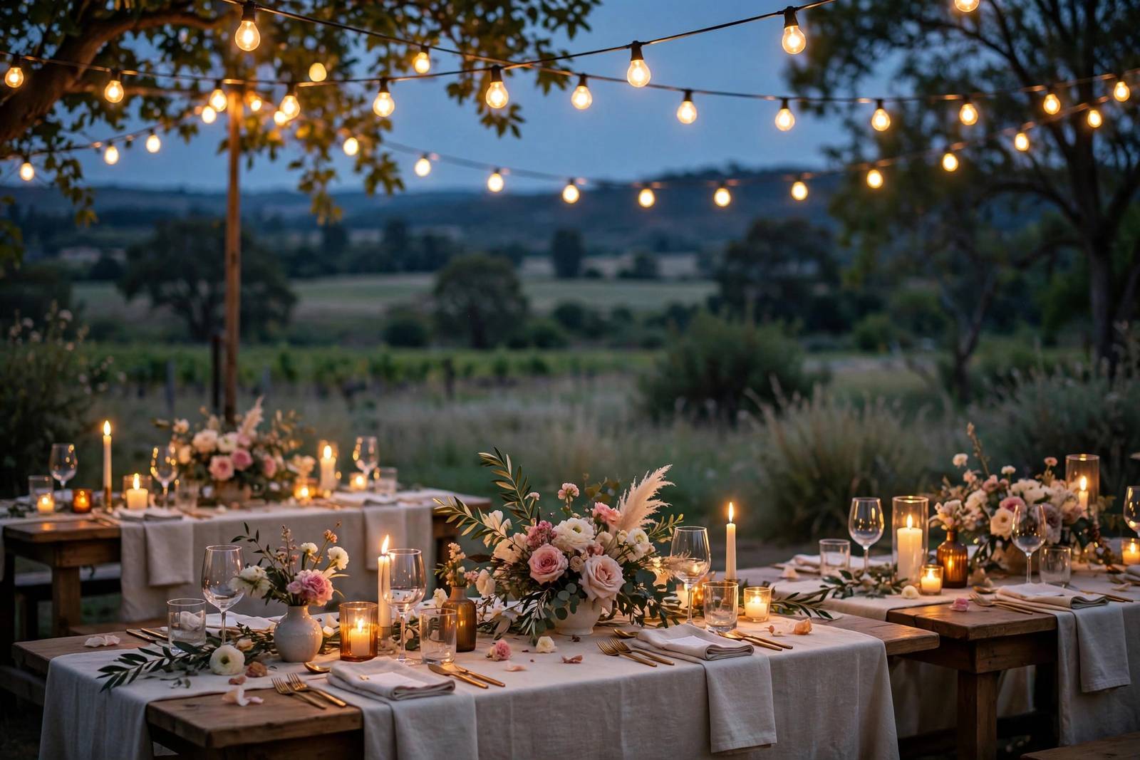 String lights glowing above outdoor wedding reception tables at dusk