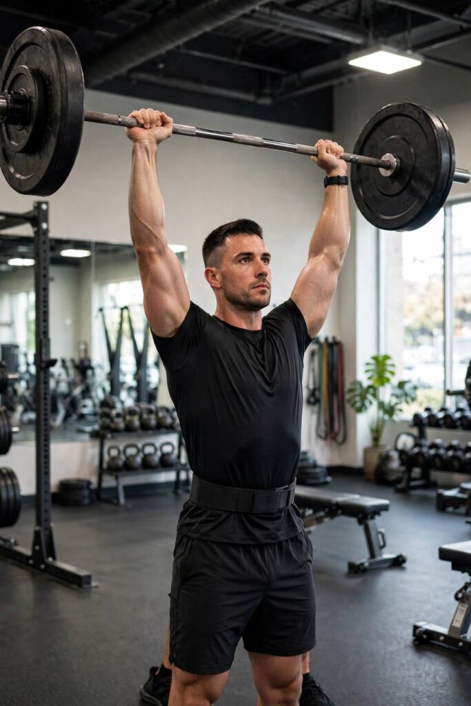Man performing barbell overhead press in a gym