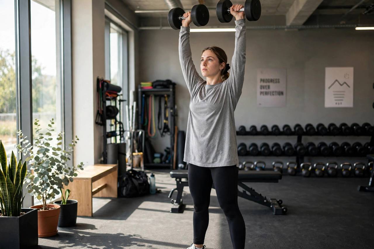 Athlete pressing dumbbells overhead with full lockout