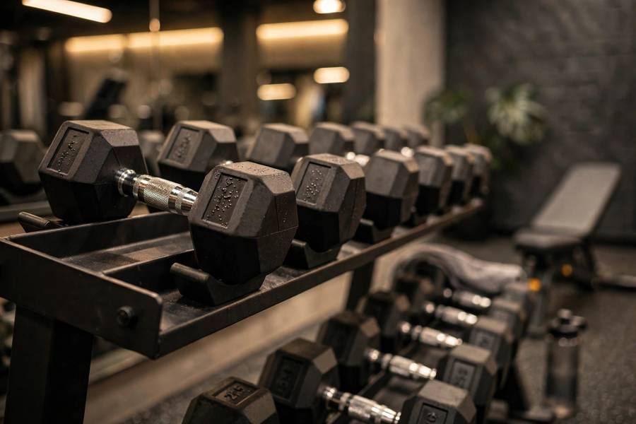 Dumbbells racked after a completed shoulder workout