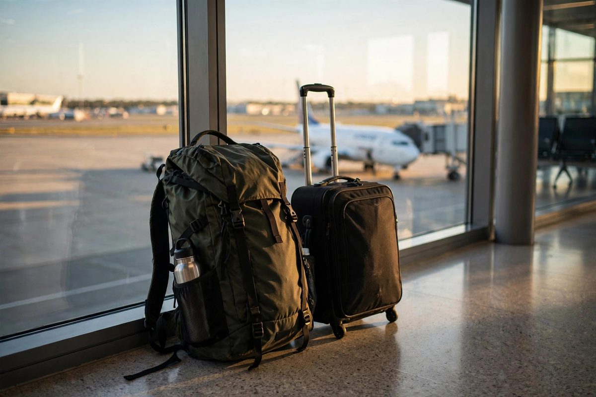 Travel backpack and carry-on bag at an airport terminal window with airplane outside