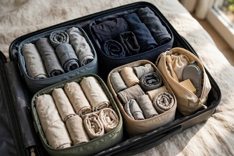 Open carry-on with packing cubes organized inside