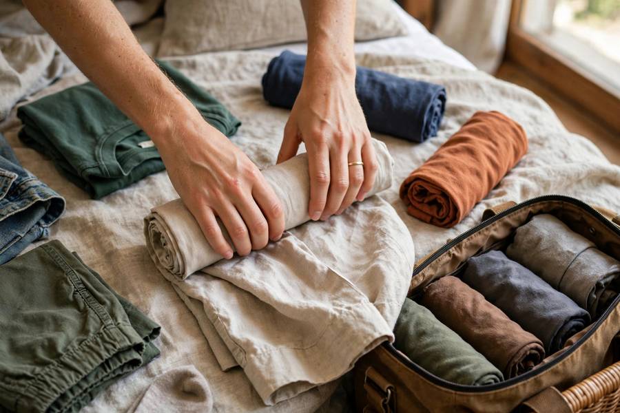 Hands rolling clothes for efficient packing