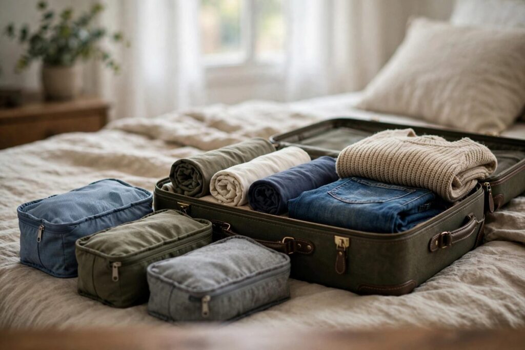 Open suitcase being packed with rolled clothes and packing cubes on a bed