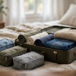 What to Pack for International Travel: The Ultimate Checklist Open suitcase being packed with rolled clothes and packing cubes on a bed