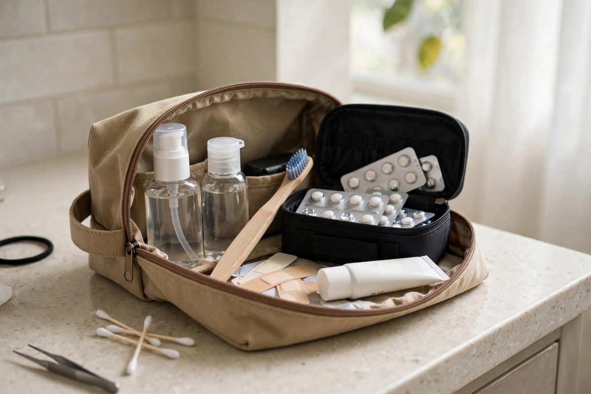 Open toiletry bag with travel-size bottles, toothbrush, sunscreen, and a small first-aid kit