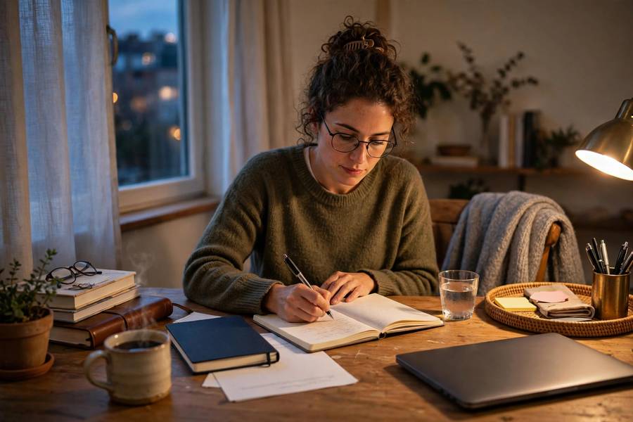 Professional studying for an online MBA at a home desk in the evening
